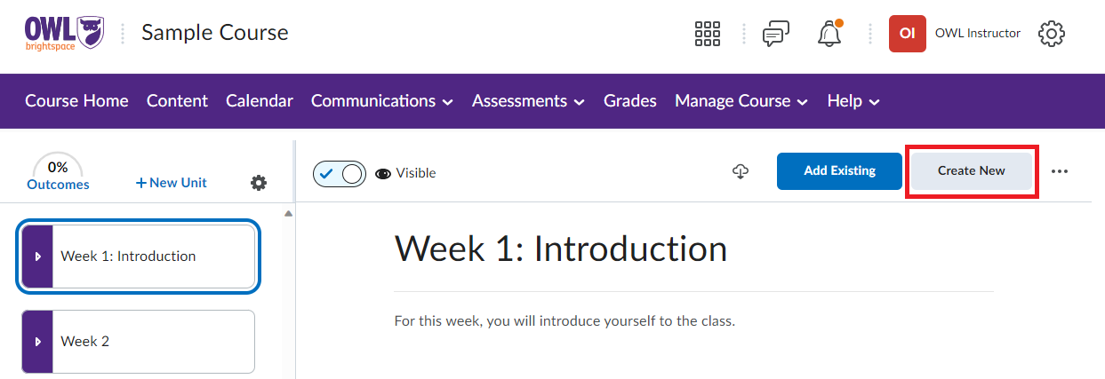 OWL Brightspace Content page with the Add Existing button highlighted.
