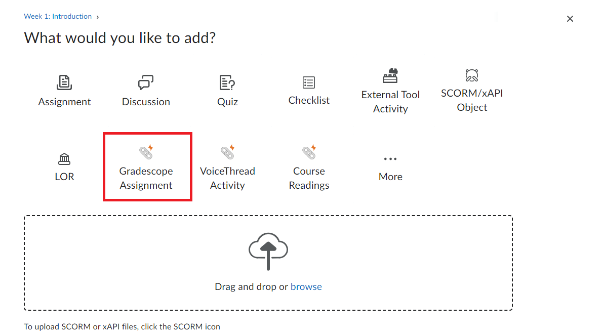 OWL Brightspace page showing the ‘What would you like to add?’ options with the Gradescope Assignment icon highlighted in red.