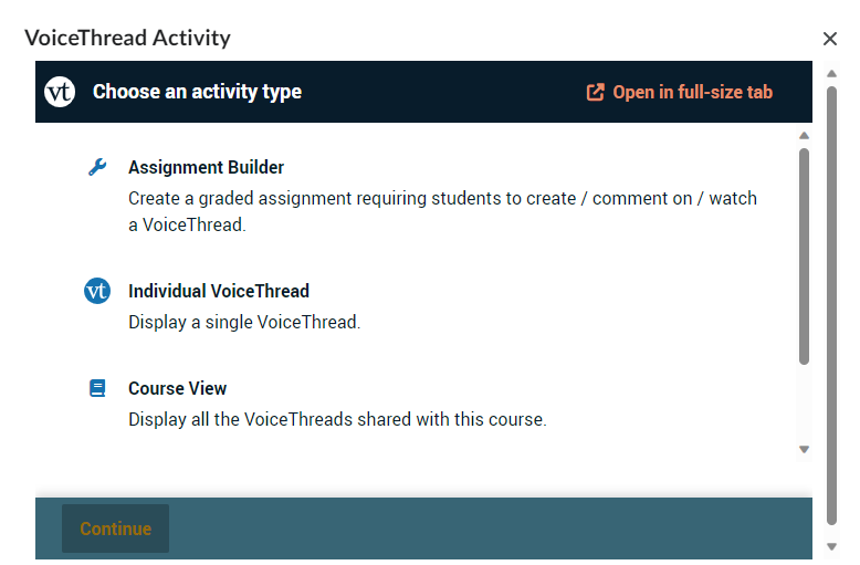 VoiceThread Activity pop-up with three options: Assignment Builder, Individual VoiceThread, and Course View, plus a Continue button.