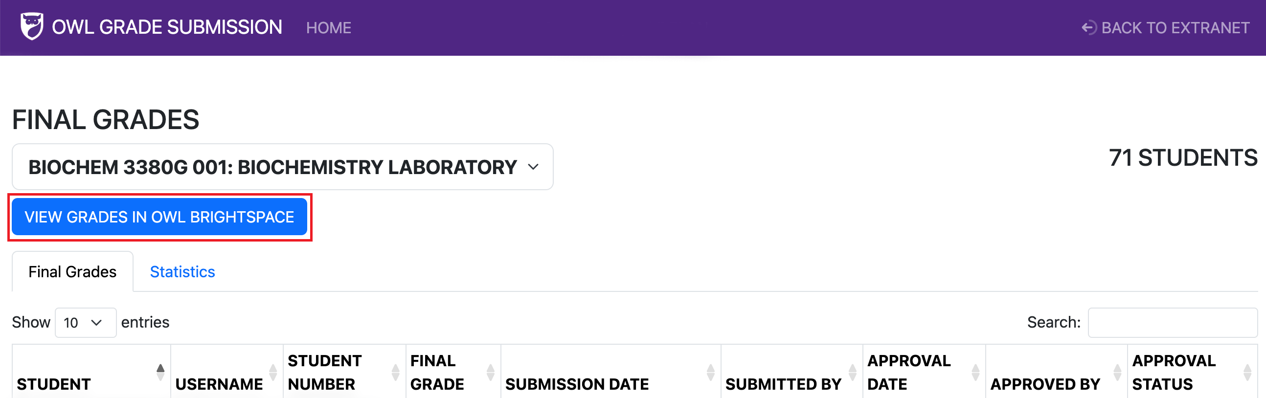 Final Grades page with 'View Grades in OWL Brightspace' button highlighted