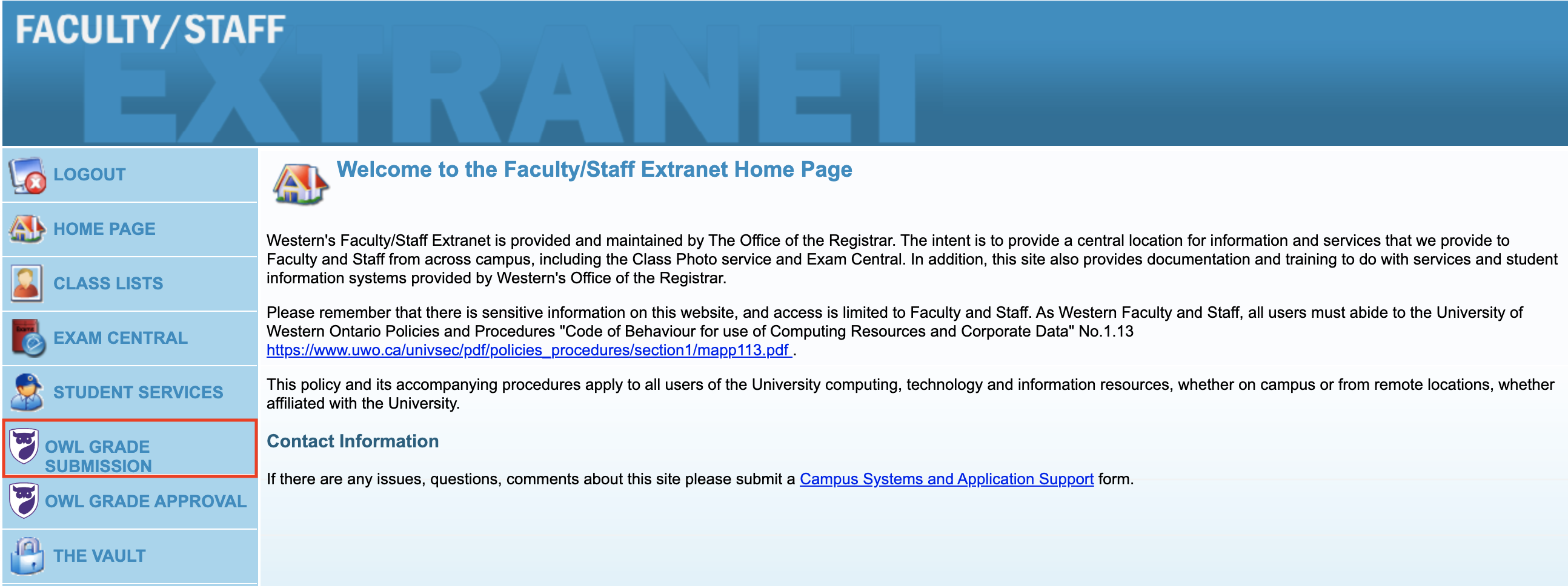 Faculty/Staff Extranet homepage with 'OWL Grade Submission' link highlighted in sidebar.
