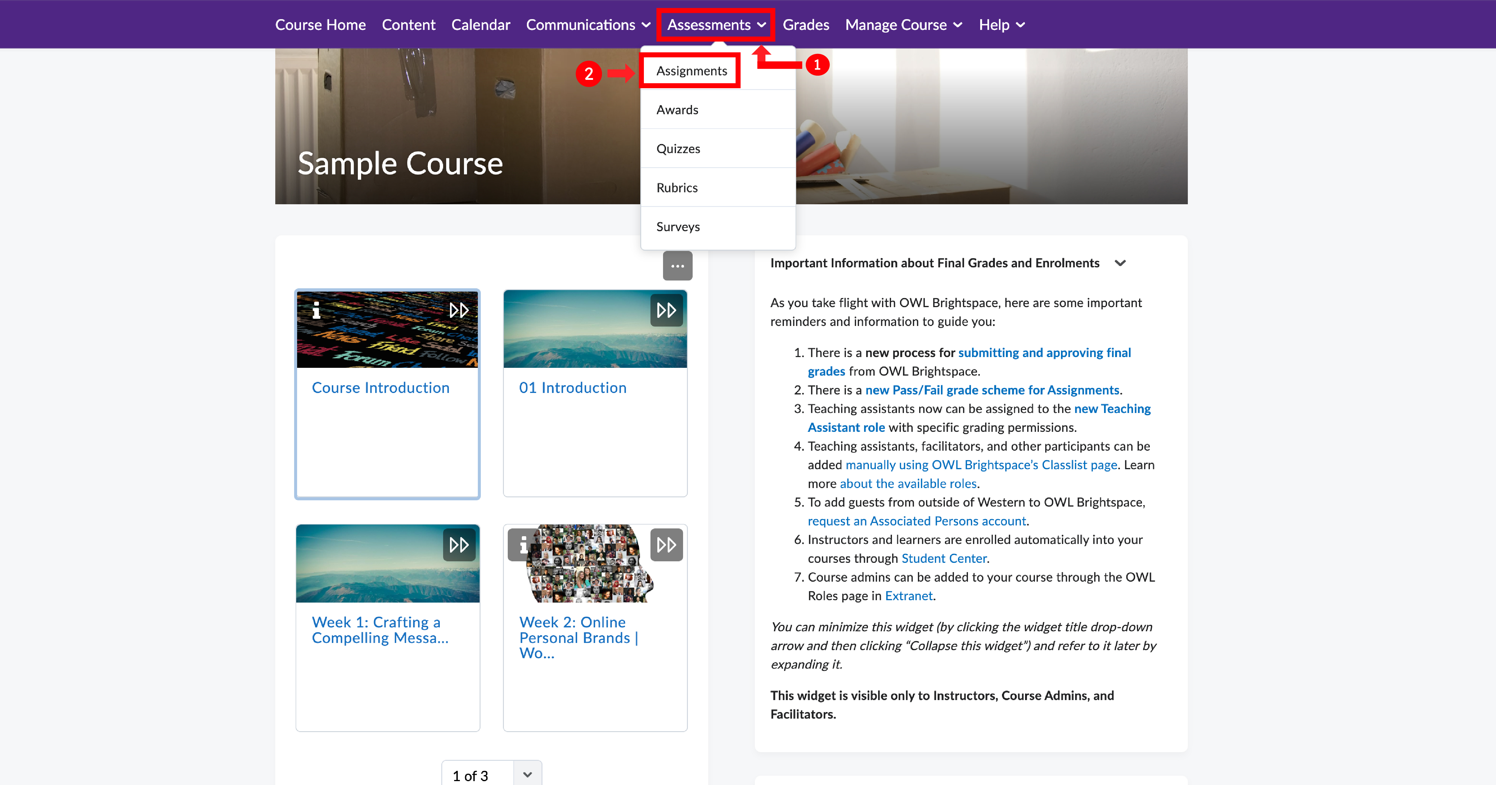 OWL Brightspace course page with the Assessments menu expanded and the Assignments option highlighted in red and numbered.