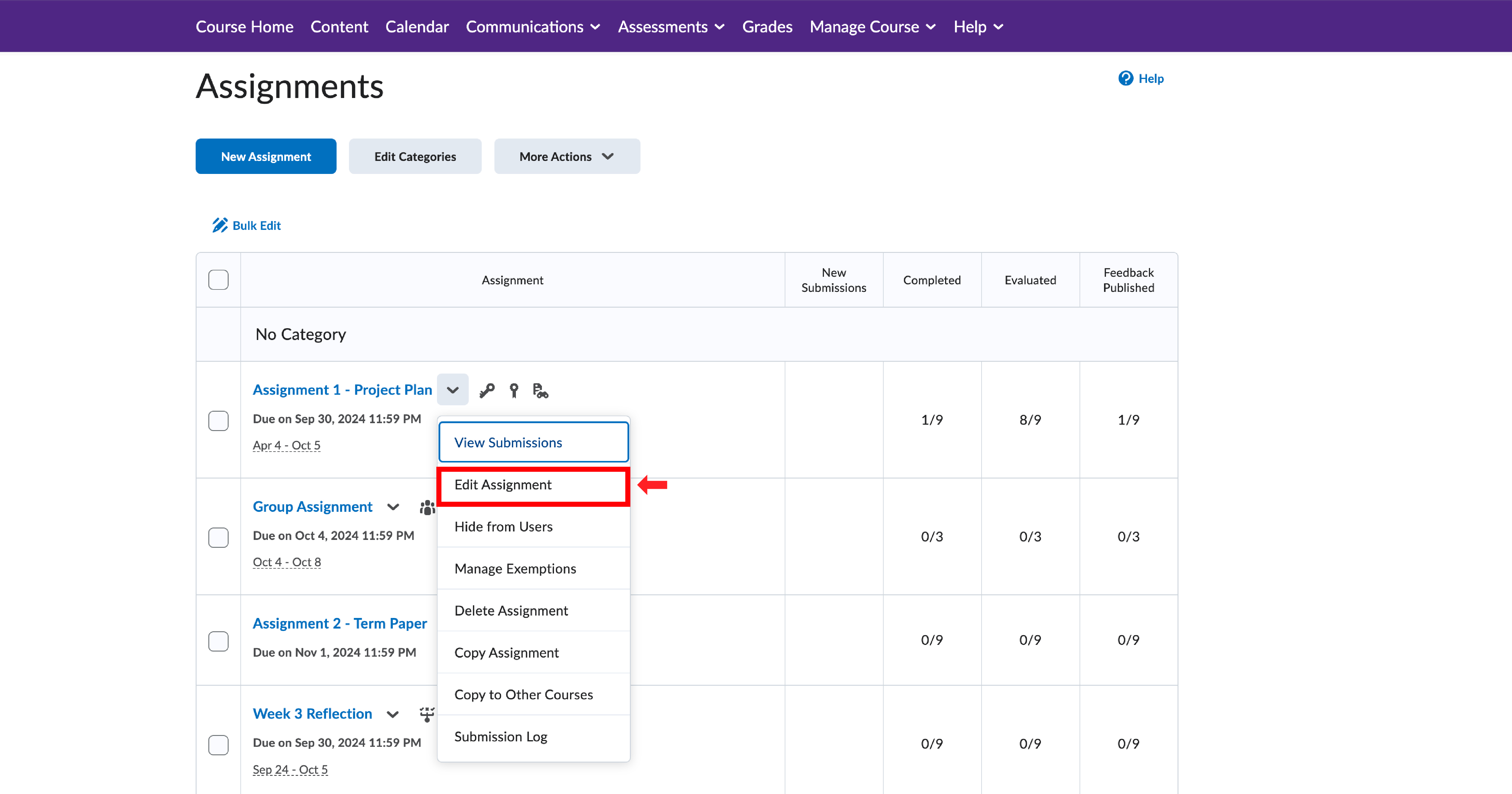 OWL Brightspace Assignments page with a dropdown menu open, highlighting the 'Edit Assignment' option.