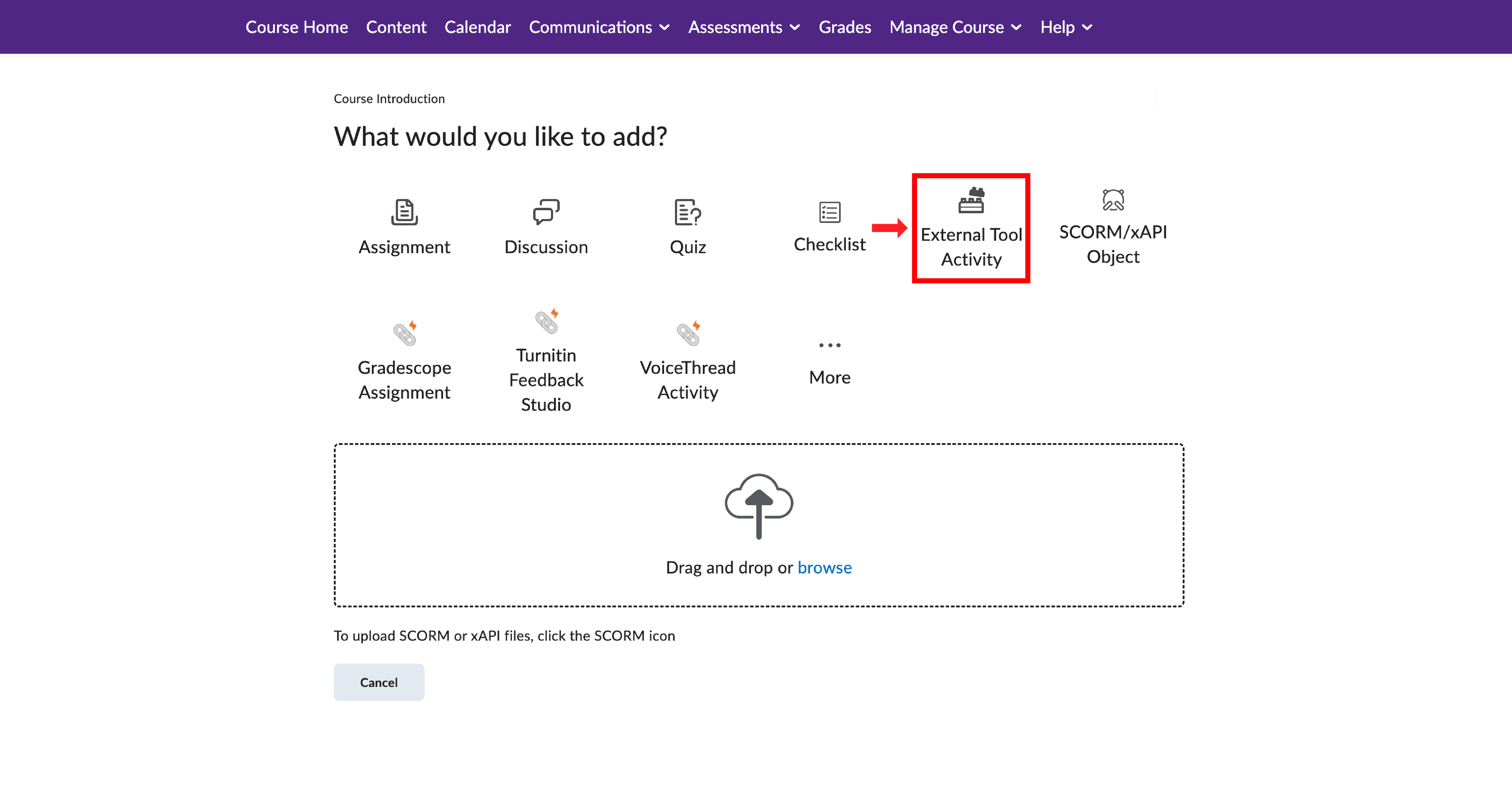 OWL Brightspace page showing the ‘What would you like to add?’ options with the External Tool Activity icon highlighted in red.