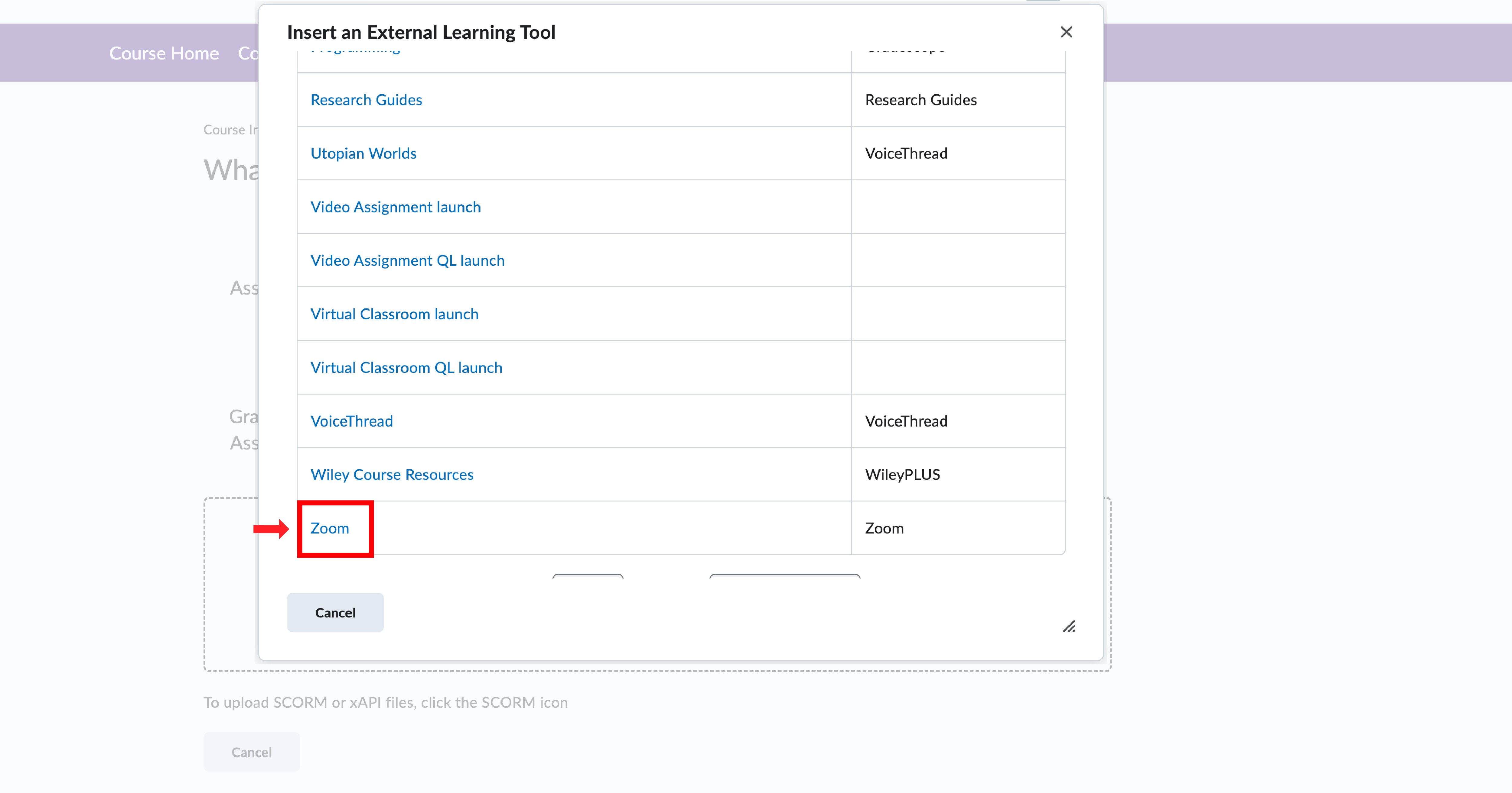OWL Brightspace pop-up window titled ‘Insert an External Learning Tool’ with the Zoom option highlighted in red at the bottom of the list.