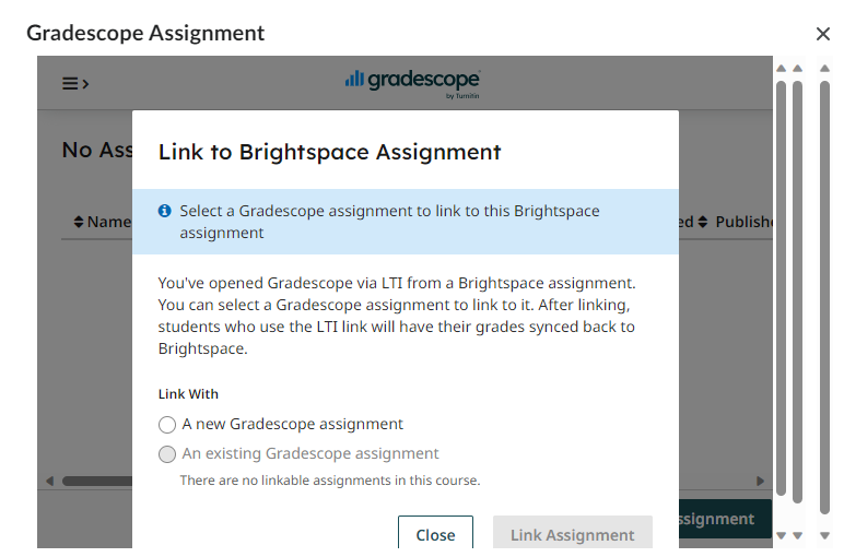 Gradescope pop-up titled 'Link to Brightspace Assignment' with options to link a new or existing Gradescope assignment.