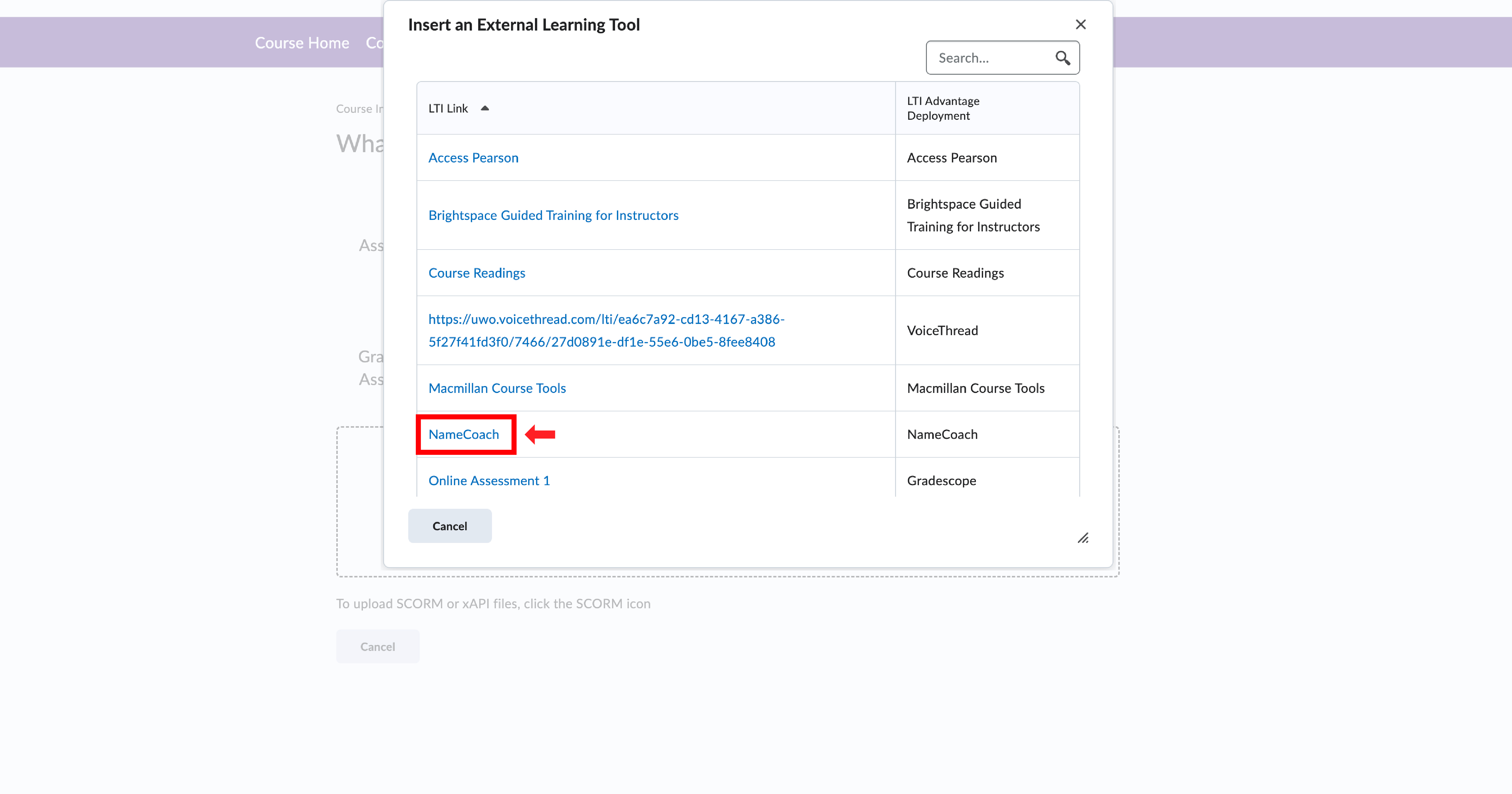 OWL Brightspace pop-up window titled ‘Insert an External Learning Tool’ with the NameCoach option highlighted in red at the bottom part of the list.