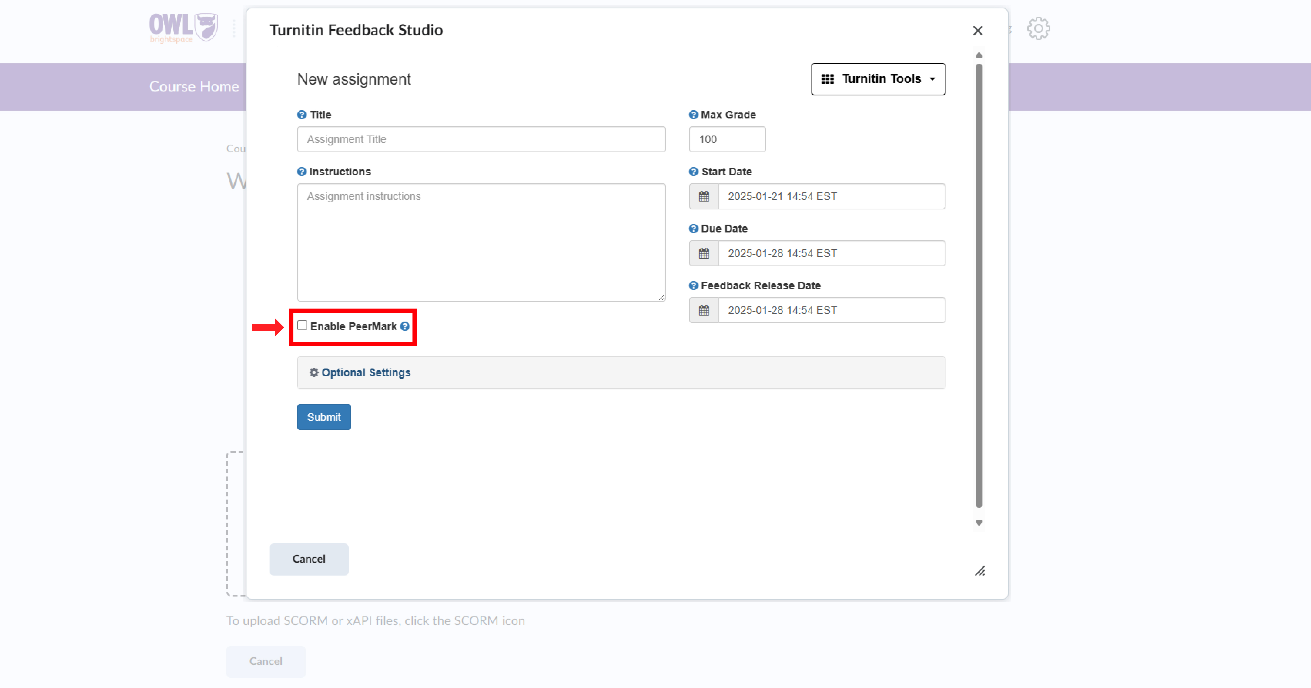 Turnitin Feedback Studio pop-up for creating a new assignment with an option to enable PeerMark highlighted.