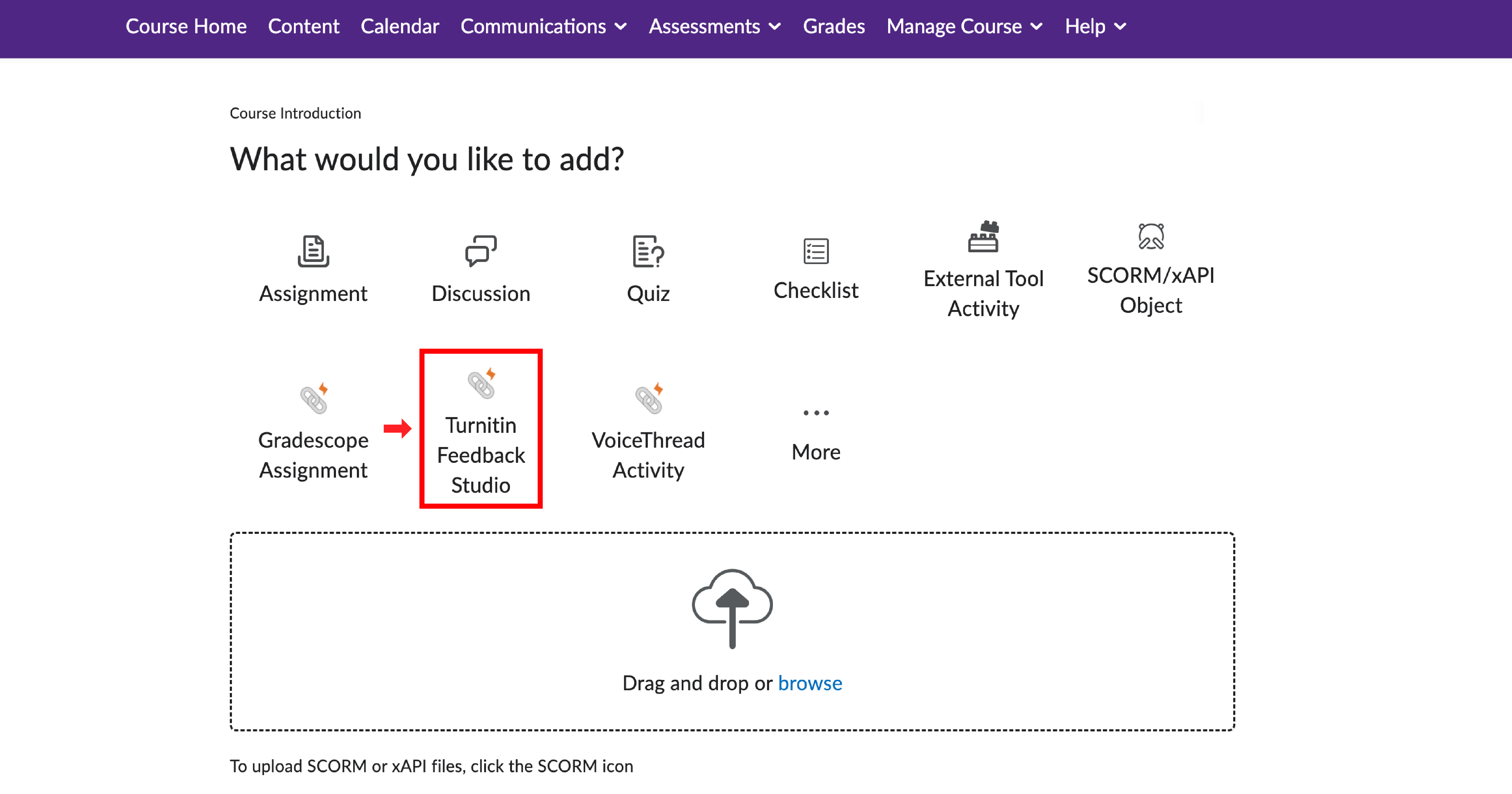 OWL Brightspace page showing the ‘What would you like to add?’ options with the Turnitin Feedback Studio icon highlighted in red.