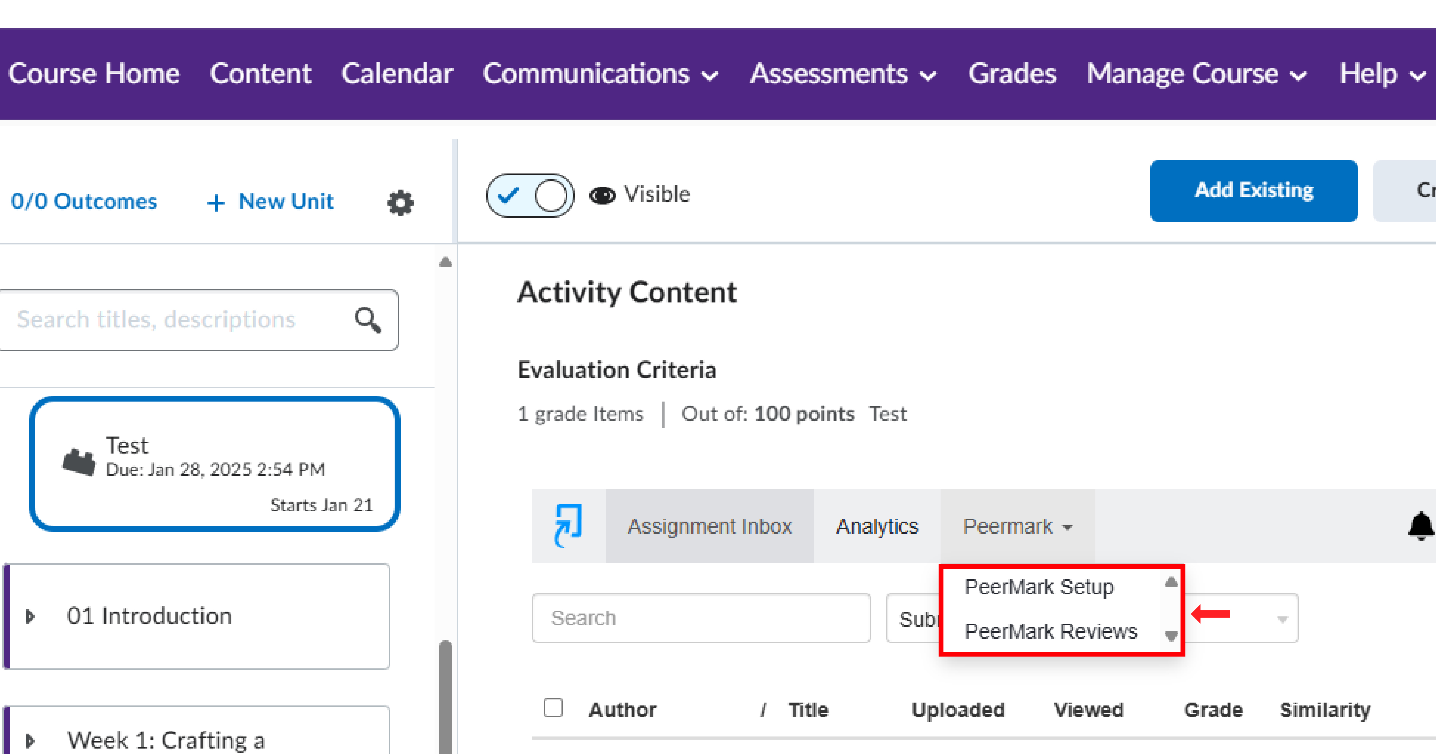 OWL Brightspace Content page showing PeerMark dropdown menu with options: PeerMark Setup and PeerMark Reviews highlighted.