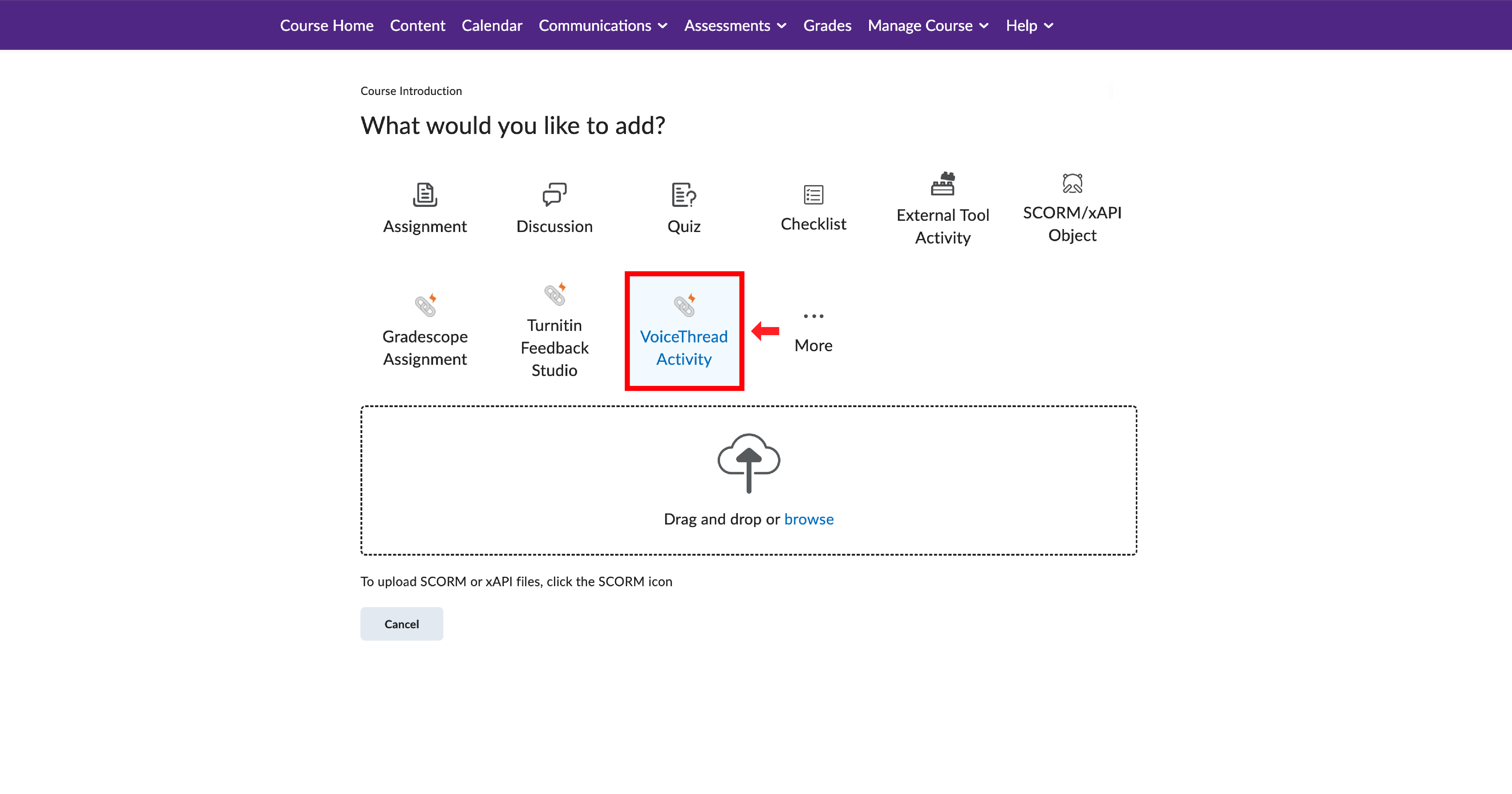 OWL Brightspace page showing the ‘What would you like to add?’ options with the VoiceThread Activity icon highlighted in red.