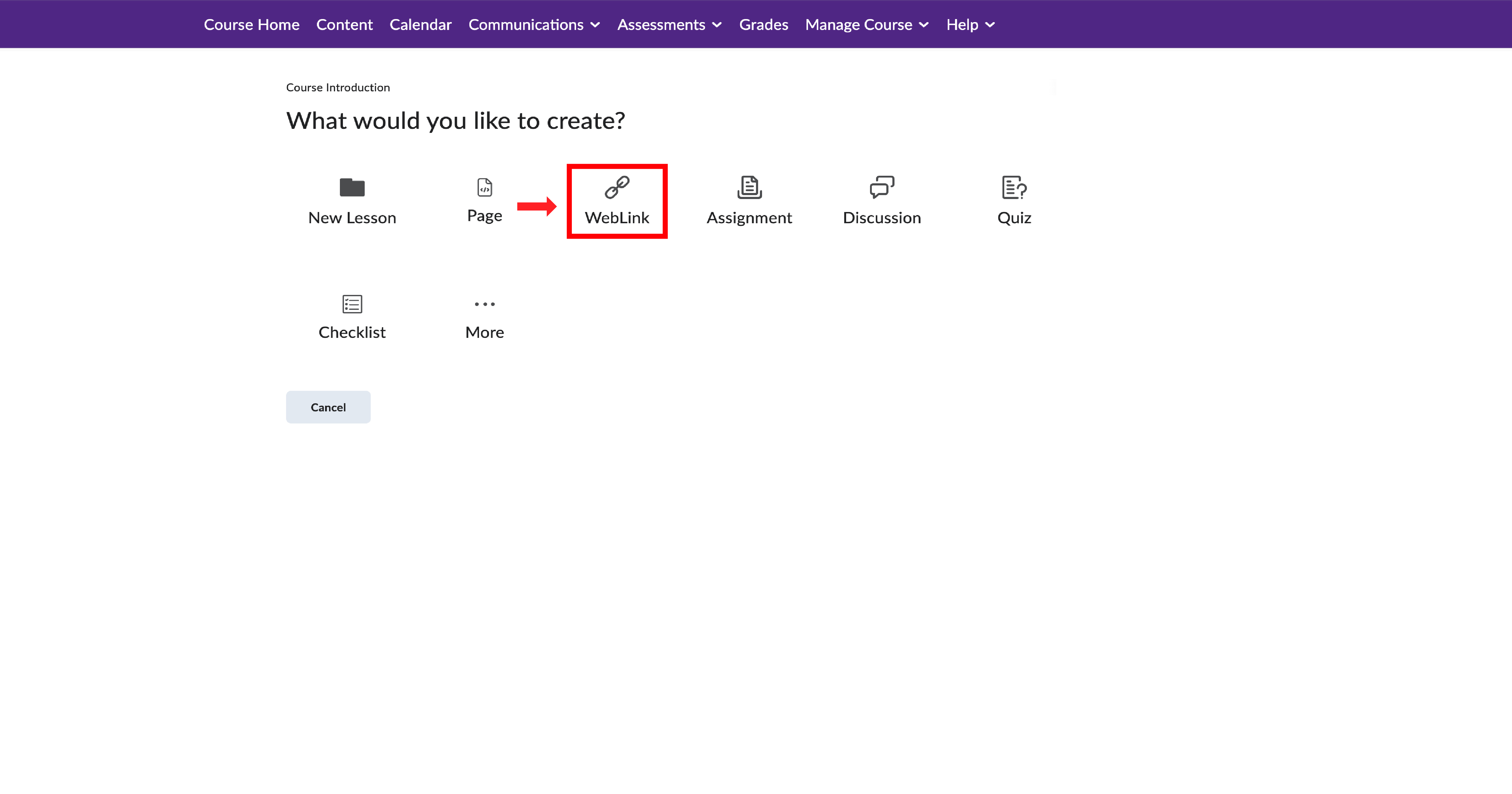 OWL Brightspace Create New page asking 'What would you like to create?' with WebLink option highlighted.