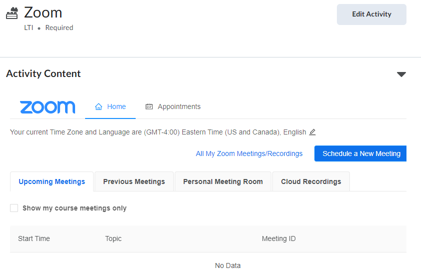 OWL Brightspace Zoom activity page showing the Schedule a New Meeting button and tabs for Upcoming Meetings, Previous Meetings, Personal Meeting Room, and Cloud Recordings.