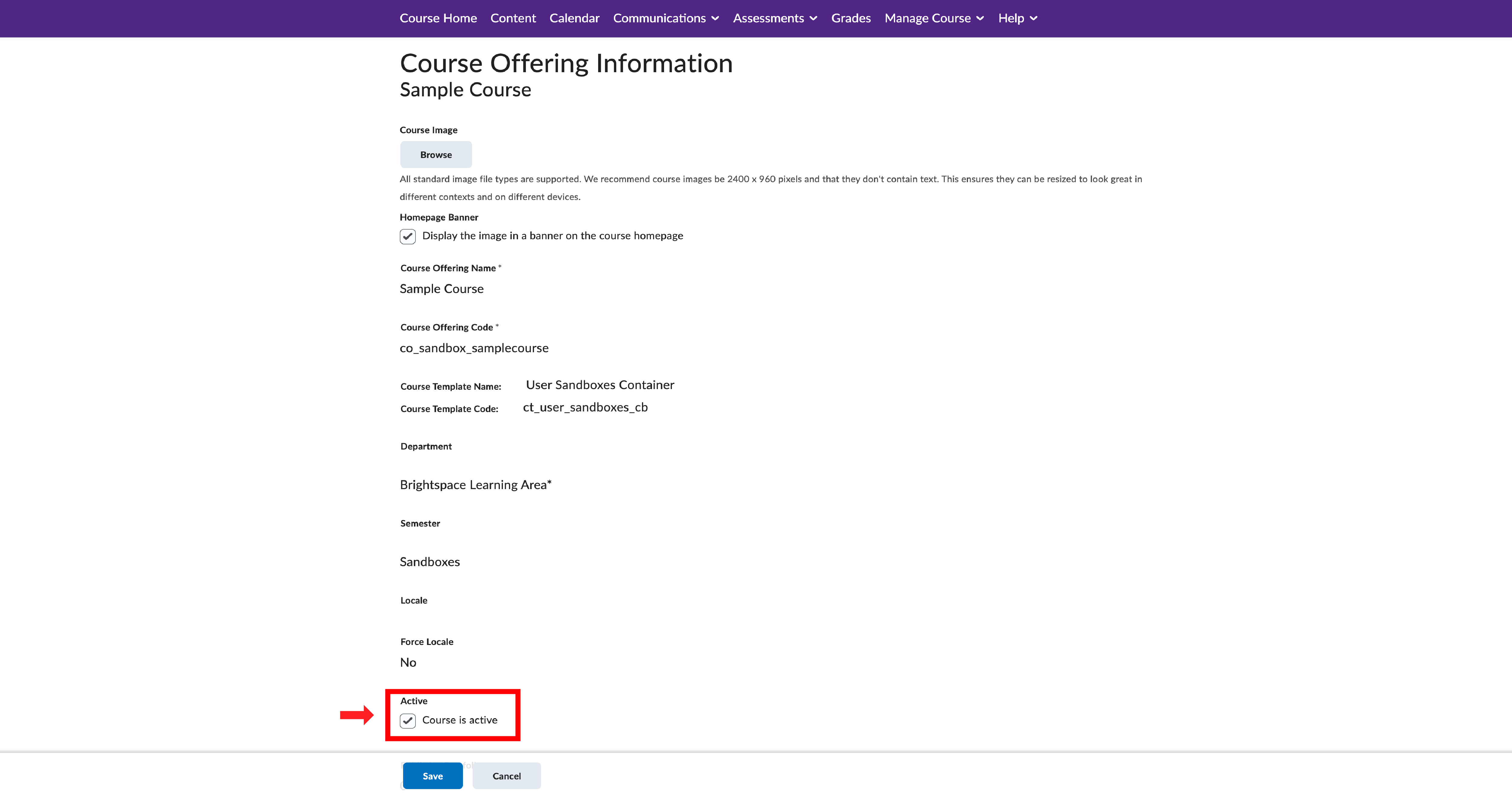 OWL Brightspace Course Offering Information page showing checkbox for 'Course is active' highlighted.