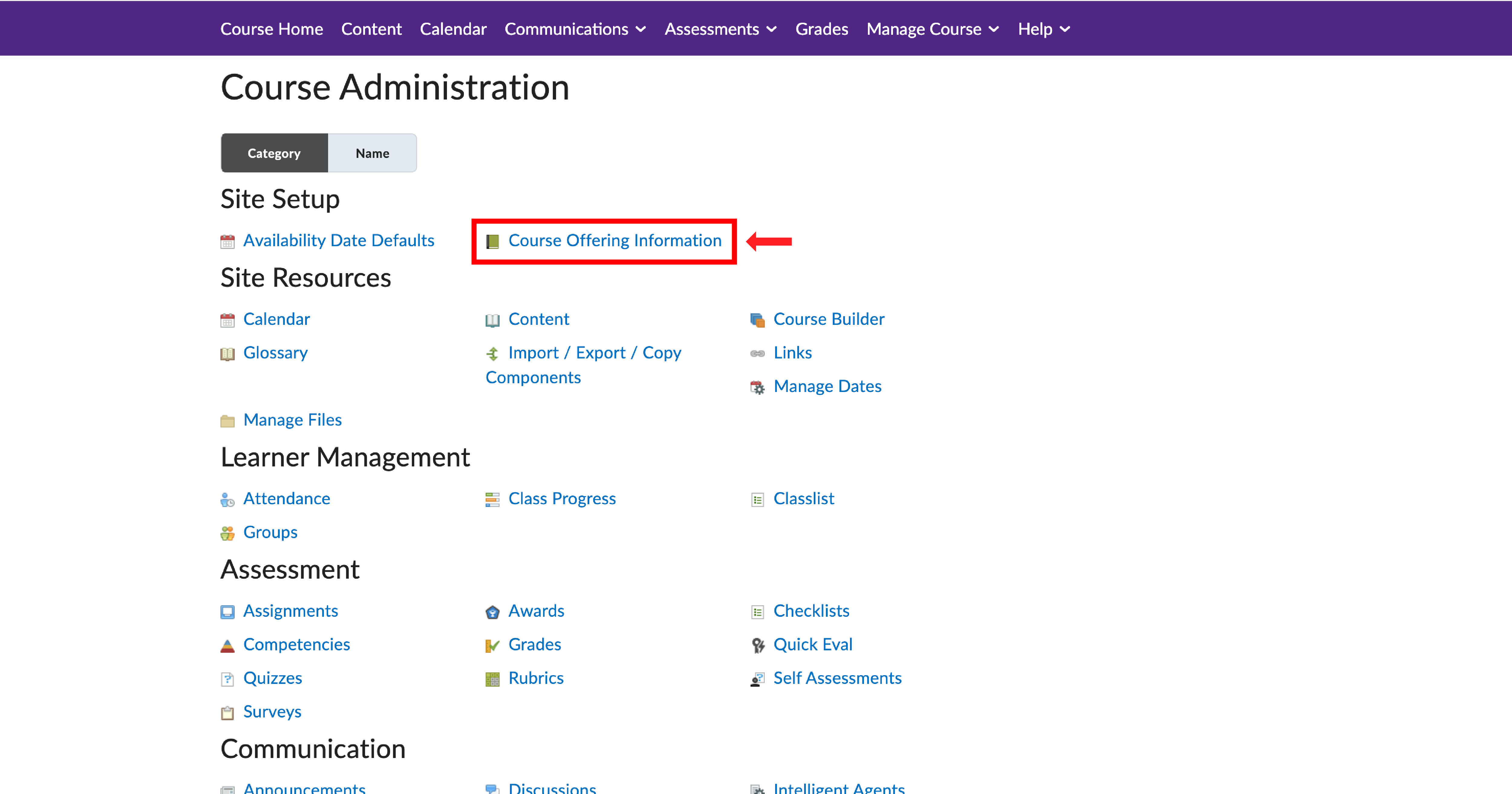 OWL Brightspace Course Administration page with 'Course Offering Information' link highlighted under Site Setup.