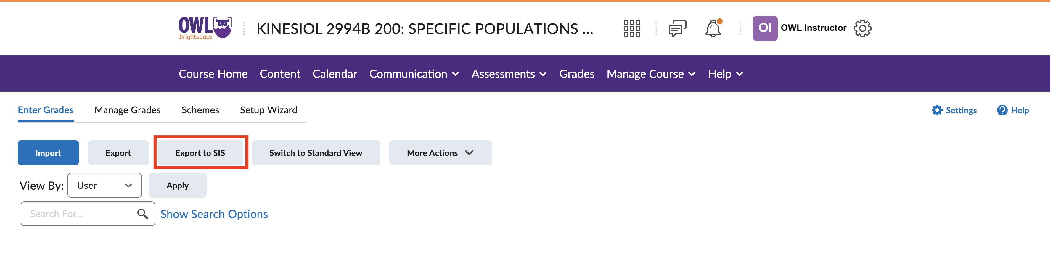 OWL Brightspace Enter Grades page showing 'Export to SIS' button highlighted.