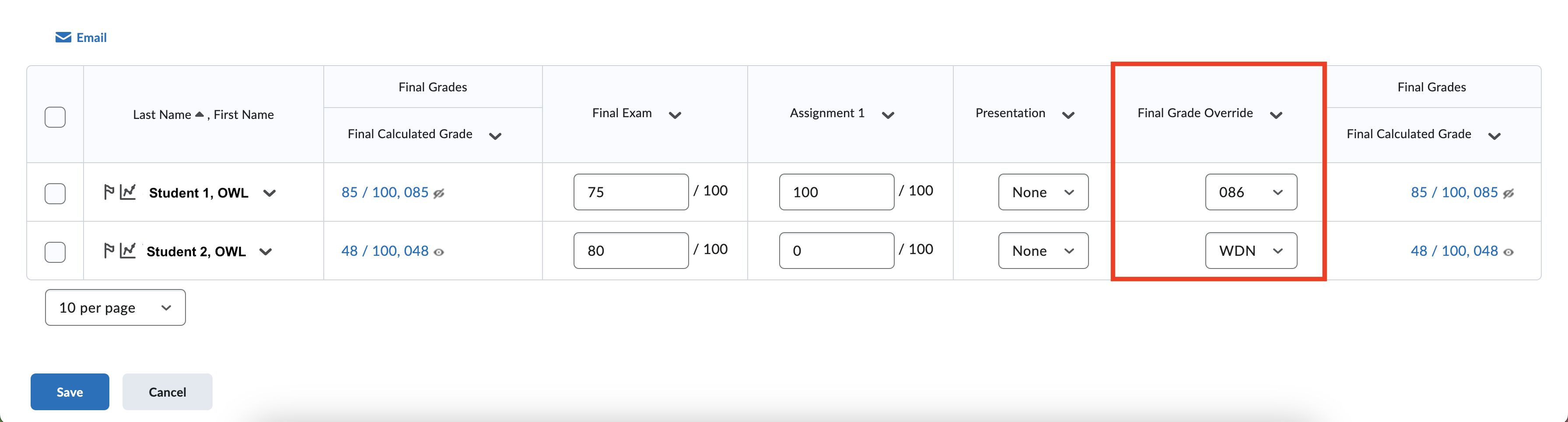 OWL Brightspace Grades tool spreadsheet showing Final Grade Override column highlighted for two students.