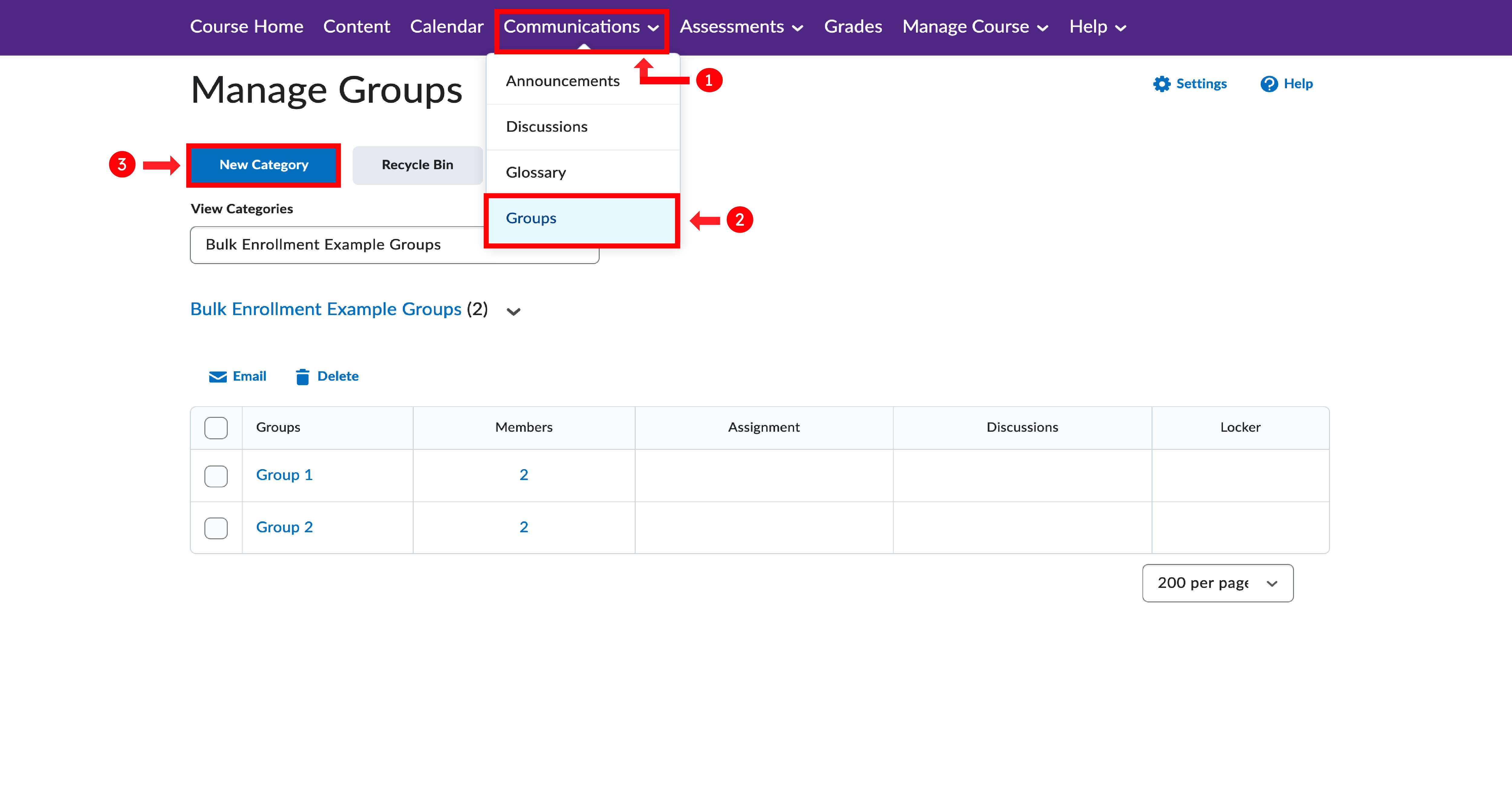 OWL Brightspace Manage Groups page showing steps to open Communications in navigation bar, select Groups, and click New Category.