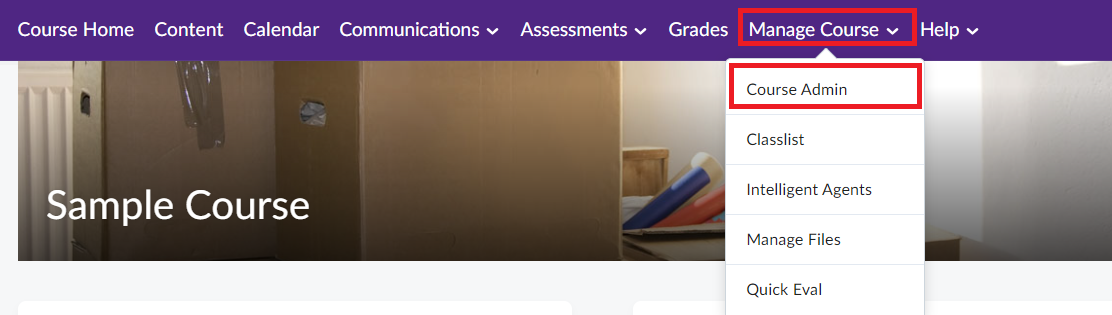 OWL Brightspace course page showing Manage Course menu on the navigation bar with 'Course Admin' option highlighted.