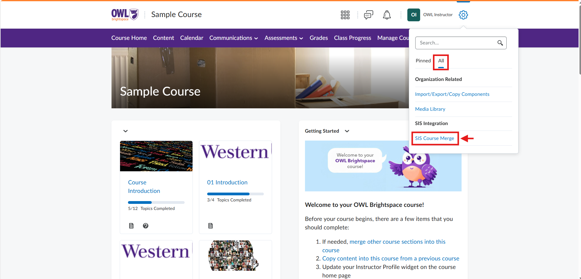 OWL Brightspace course homepage showing Admin menu with 'SIS Course Merge' option highlighted under SIS Integration