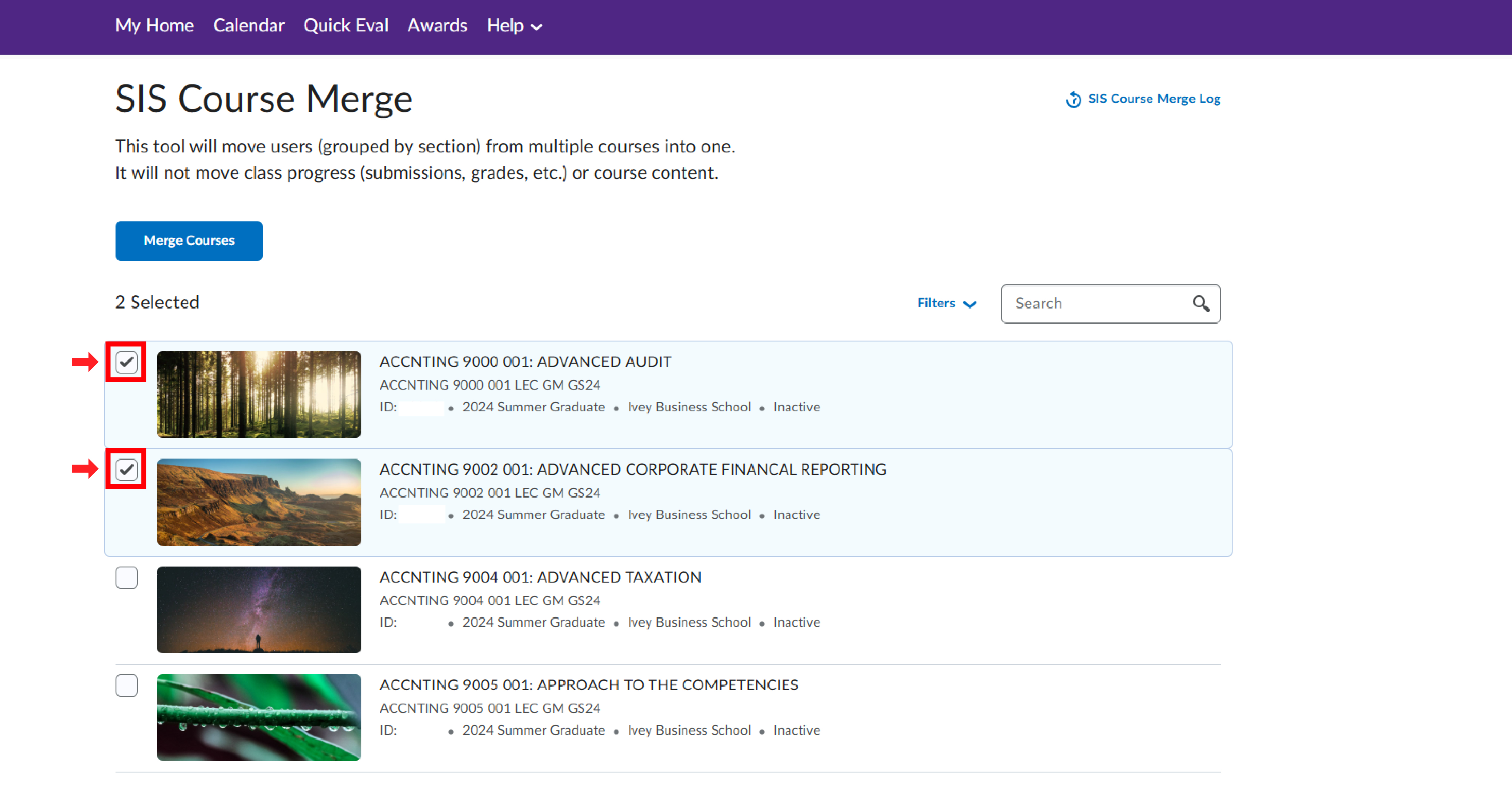 OWL Brightspace SIS Course Merge page showing two courses selected for merging.