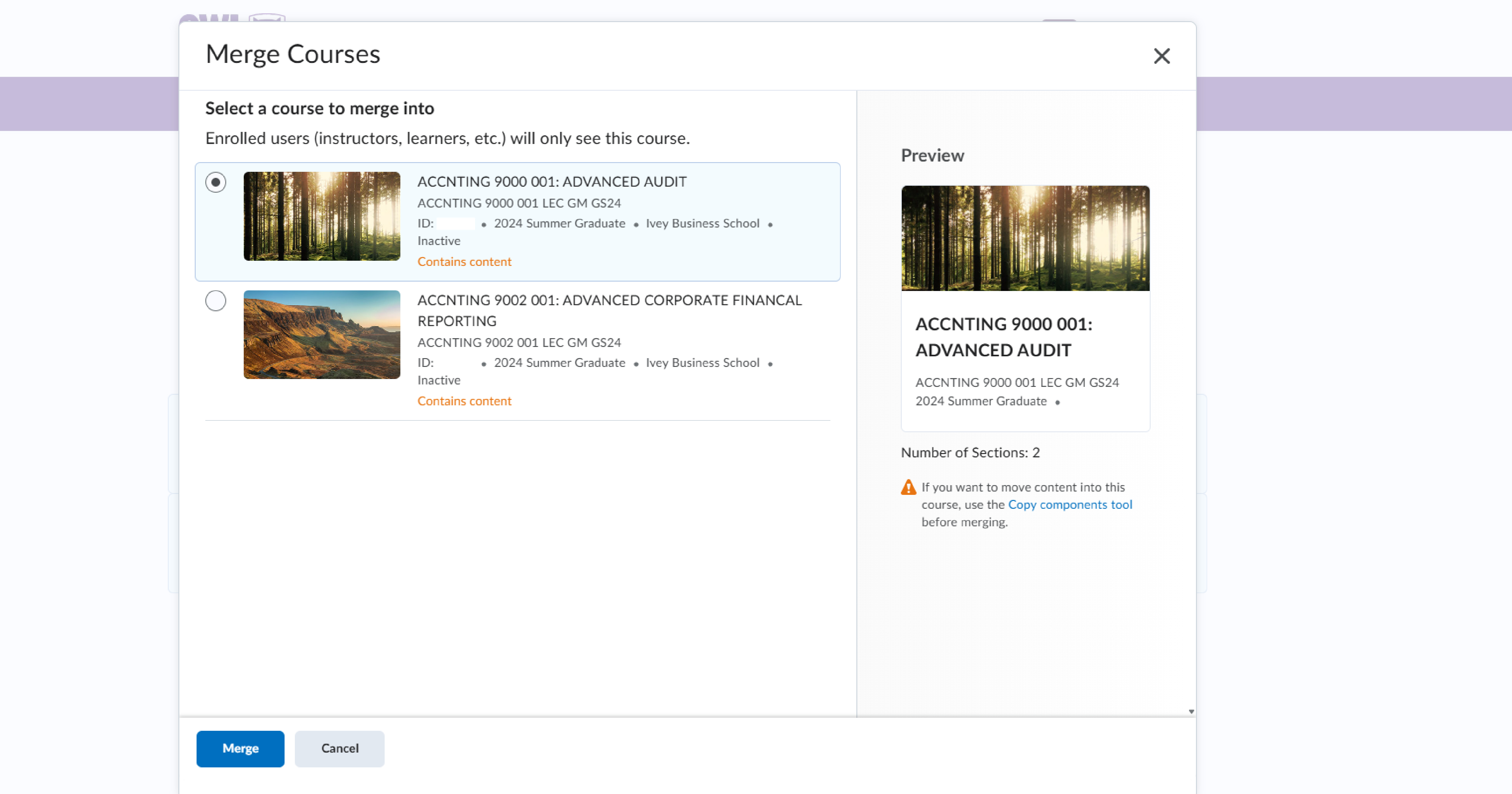 Merge Courses pop-up showing selected course to merge into and preview panel.