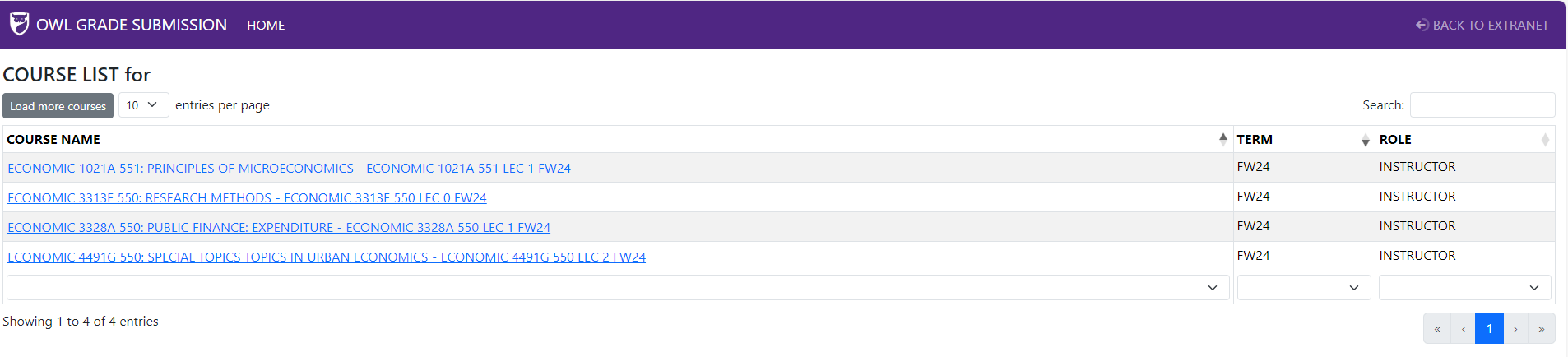 Grade Submission page on Extranet showing course list with courses displayed.