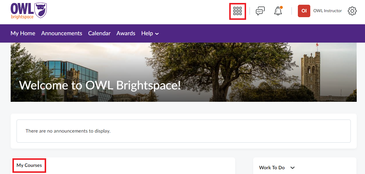 OWL Brightspace homepage with the course selector icon in the top navigation bar and the ‘My Courses’ section highlighted in red.