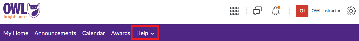 OWL Brightspace course homepage showing the purple navigation bar with eight options. Help option is highlighted.