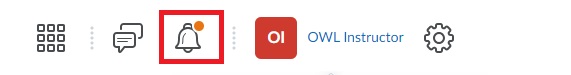 OWL Brightspace top navigation bar with the alert bell icon highlighted in red and showing a notification dot