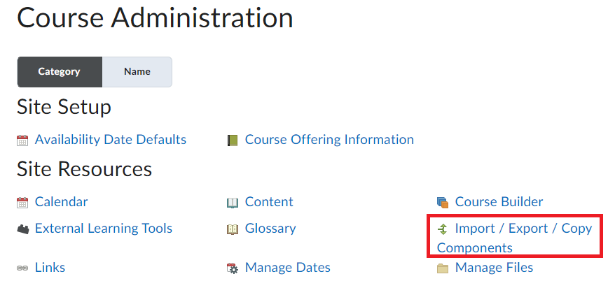 OWL Brightspace Course Administration page showing 'Import / Export / Copy Components' link highlighted under Site Resources.