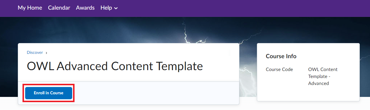 OWL Brightspace Discover page showing 'Enroll in Course' button highlighted for OWL Advanced Content Template.