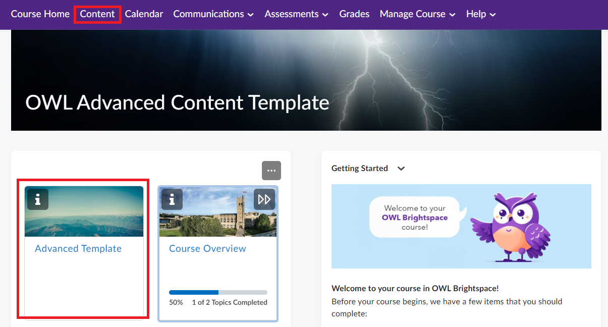 OWL Brightspace course homepage with 'Content' tab and 'Advanced Template' module highlighted.