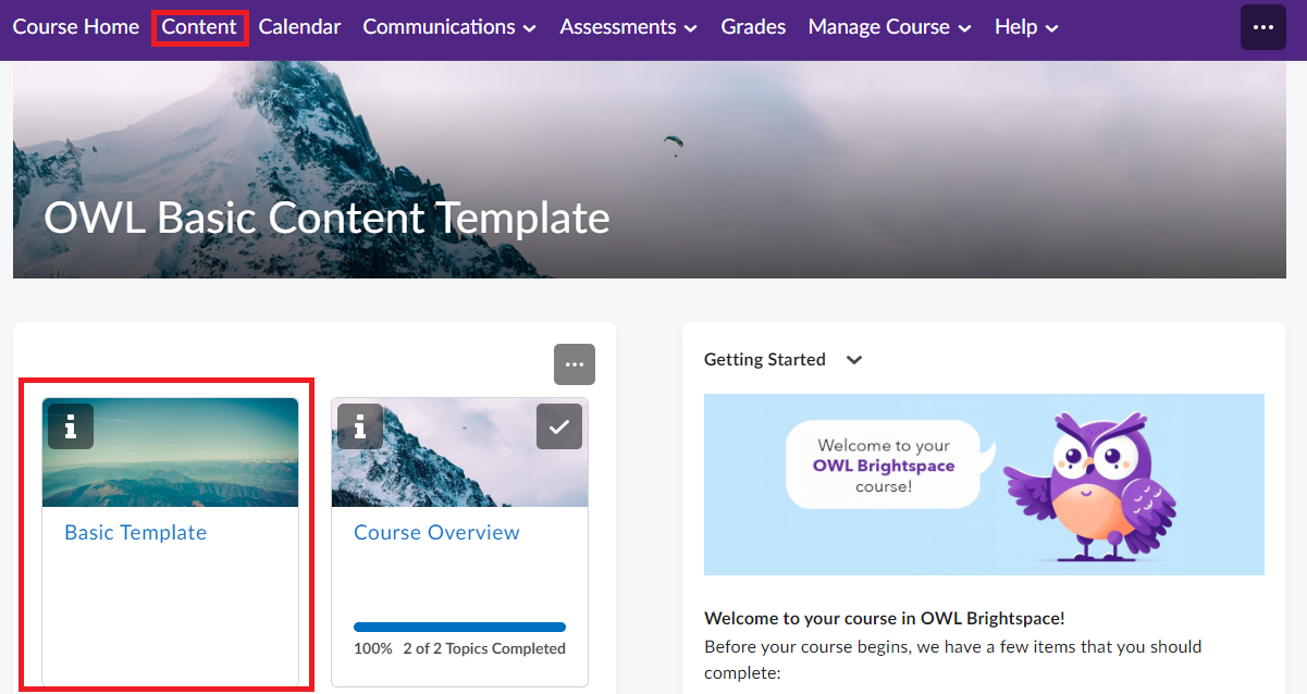 OWL Brightspace course homepage with 'Content' tab and 'Basic Template' module highlighted.