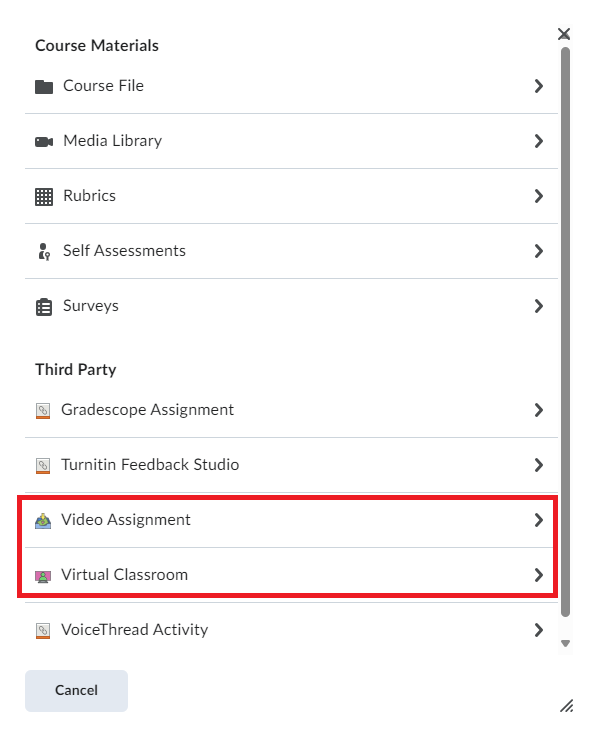 OWL Brightspace pop-up menu showing third-party options with 'Video Assignment' and 'Virtual Classroom' highlighted.