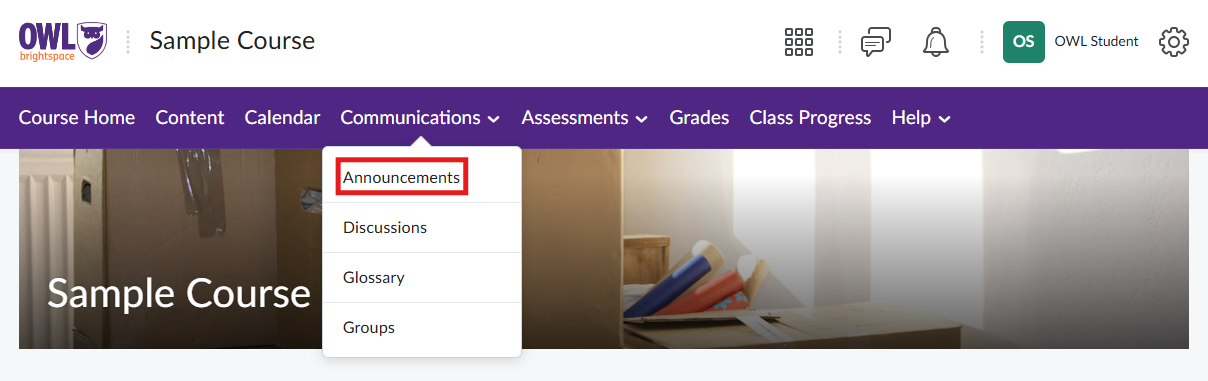 Screenshot of the Owl Brightspace course homepage, featuring the announcements tool that has been highlighted with red squares.