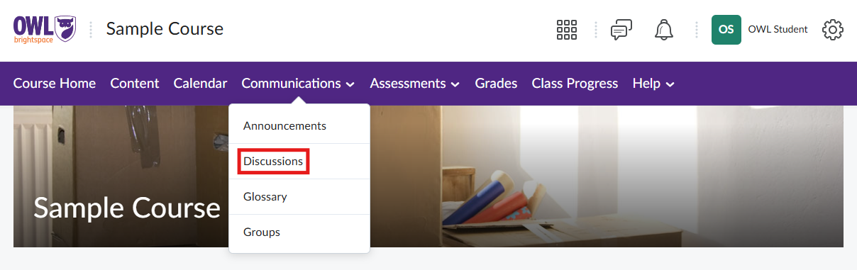 Screenshot of the ‘Communications’ menu on Owl Brightspace course Nav Bar, with ‘Discussions’ highlighted.