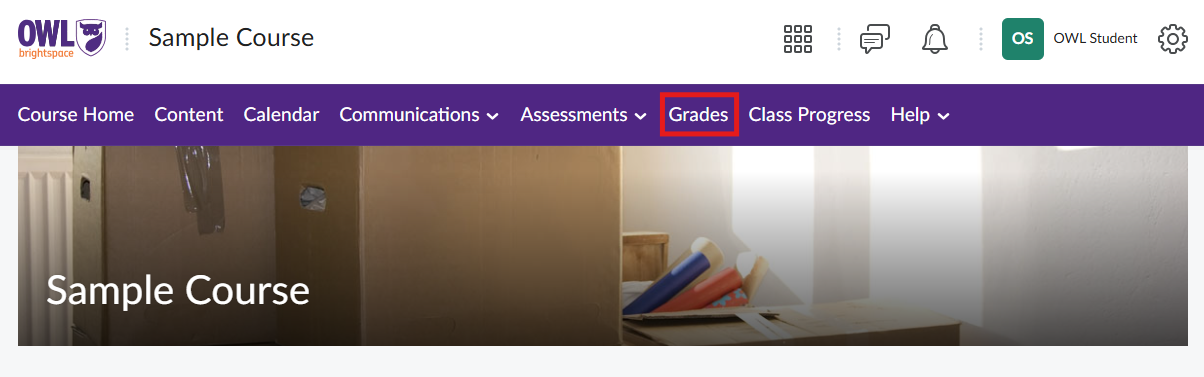 The image is a screenshot of the Owl Brightspace, specifically displaying the navigation bar for a ‘Sample Course’. The navigation bar, set against a purple background, includes tabs for ‘Course Home’, ‘Content’, ‘Calendar’, ‘Communications’, ‘Assessments’, and ‘Grades’. The Grades tool has been highlighted.