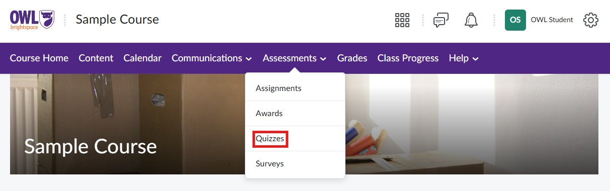 Screenshot of the ‘Assessment’ menu on Owl Brightspace, with ‘Quizzes tool’ highlighted.
