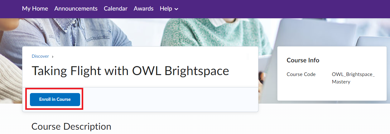 OWL Brightspace discover page with the blue ‘Enroll in Course’ button highlighted in red below the course title.