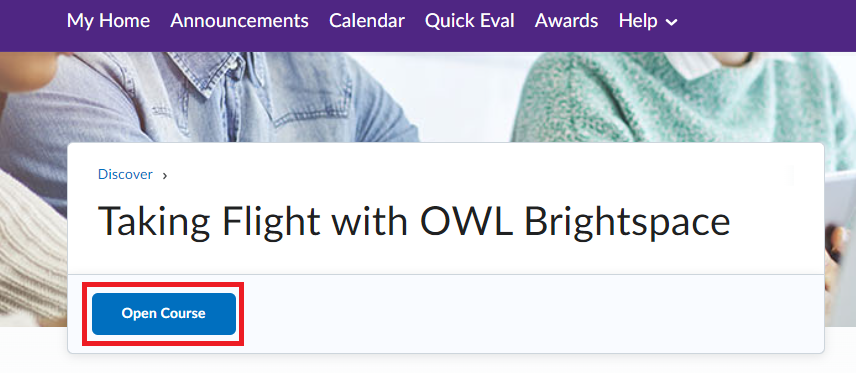 OWL Brightspace discover page with the blue ‘Open Course’ button highlighted in red below the course title.