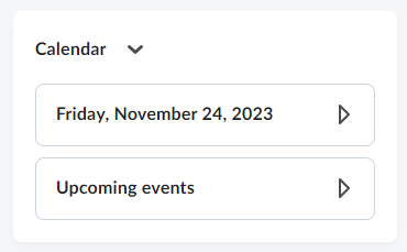 OWL Brightspace homepage showing multiple widgets. The Calendar widget, which displays the current date and upcoming events